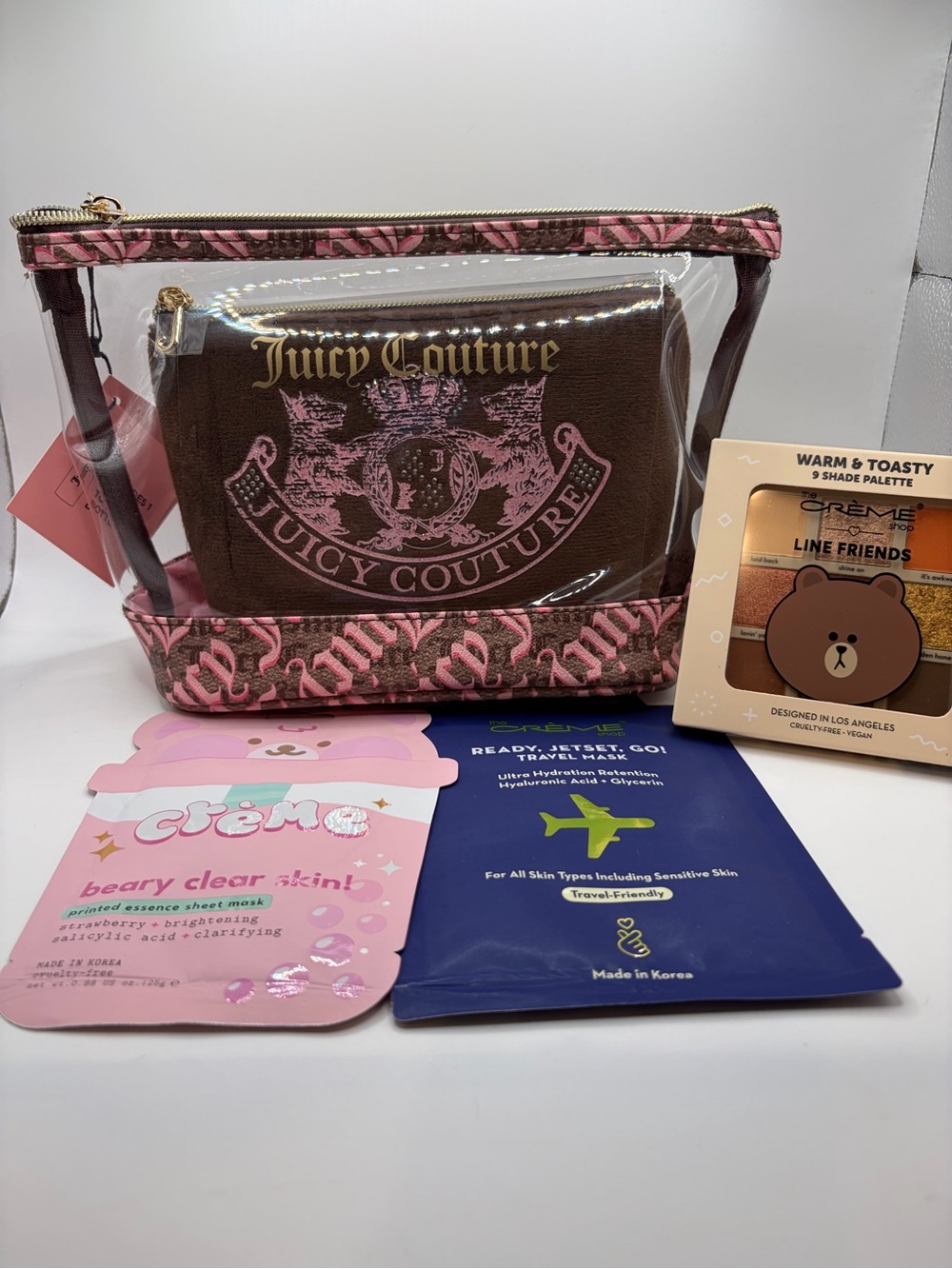 Juicy Couture Pink & Brown Clear Cosmetic Travel Bag Set